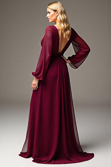 Burgundy V Neck Long Sleeve Chiffon Mother Of The Bride Dress